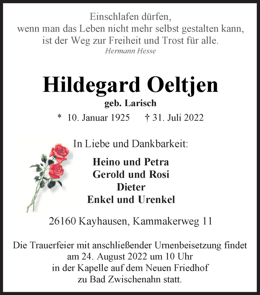  Traueranzeige für Hildegard Oeltjen vom 12.08.2022 aus Nordwest-Zeitung