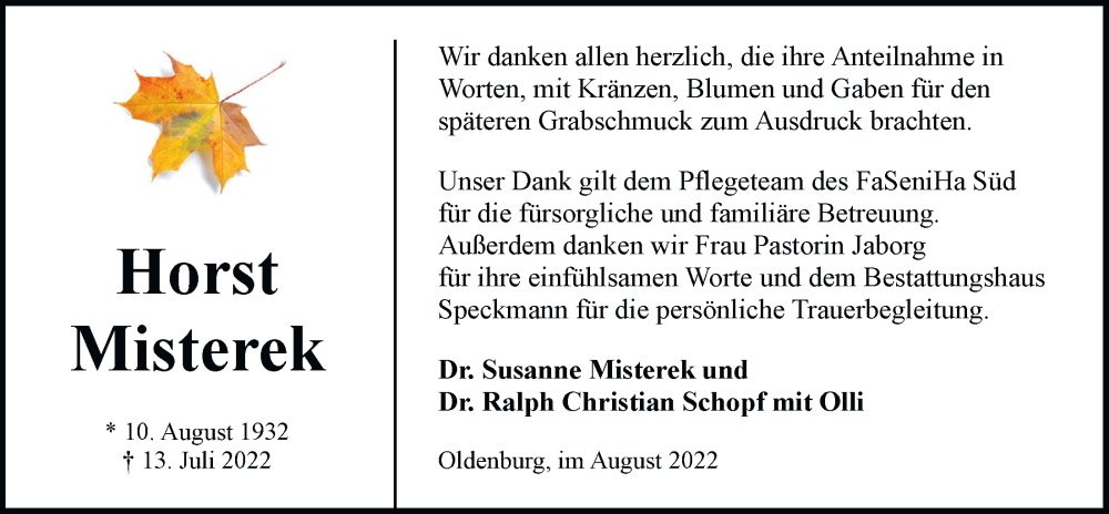  Traueranzeige für Horst Misterek vom 13.08.2022 aus Nordwest-Zeitung