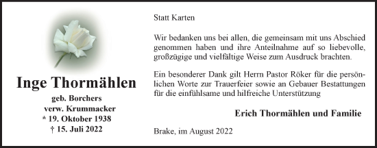 Traueranzeige von Inge Thormählen von Nordwest-Zeitung