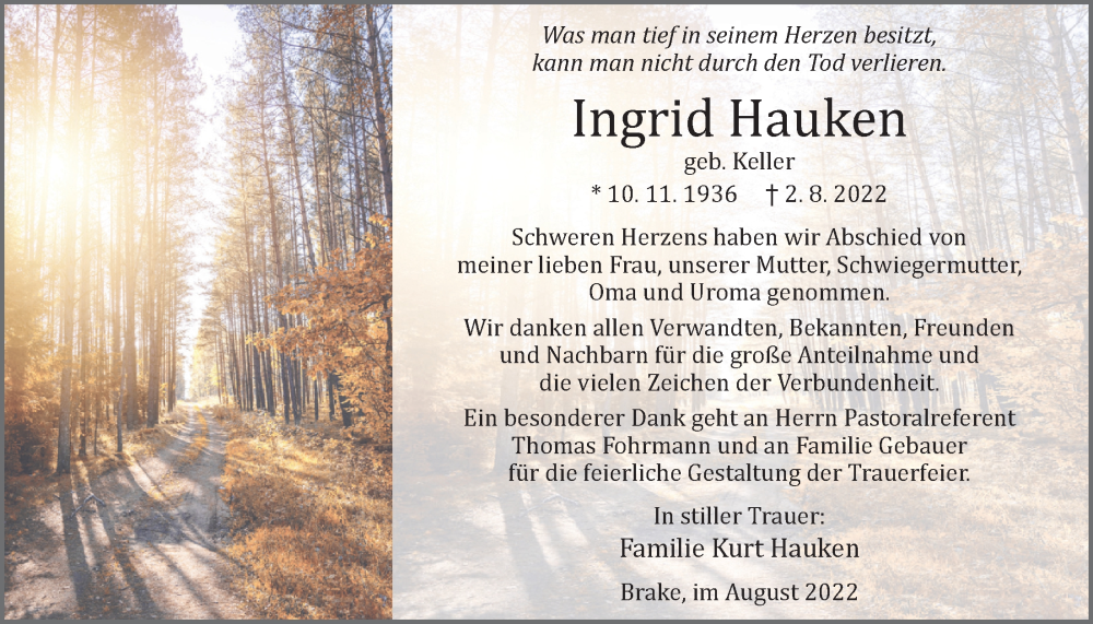  Traueranzeige für Ingrid Hauken vom 20.08.2022 aus Nordwest-Zeitung