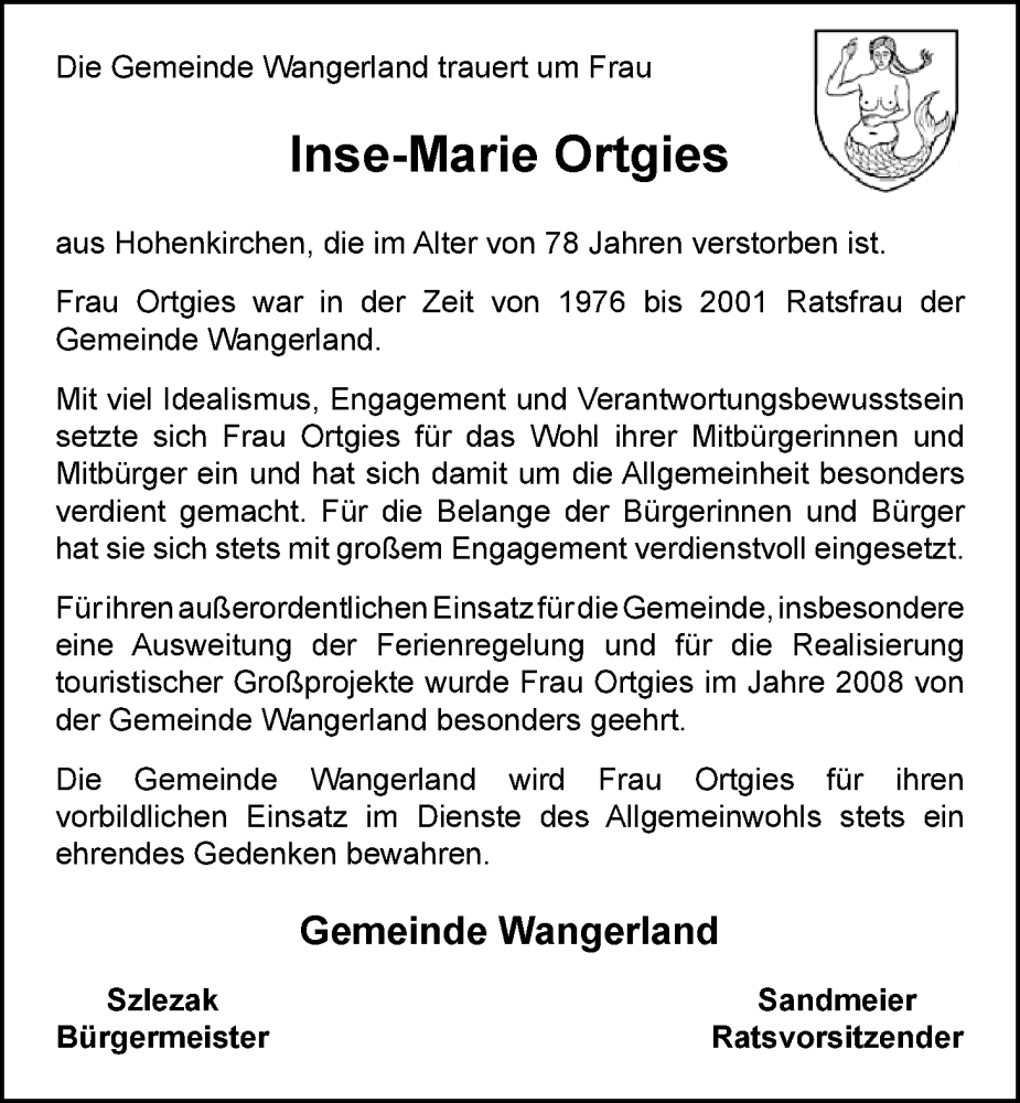  Traueranzeige für Inse-Marie Ortgies vom 18.08.2022 aus Nordwest-Zeitung