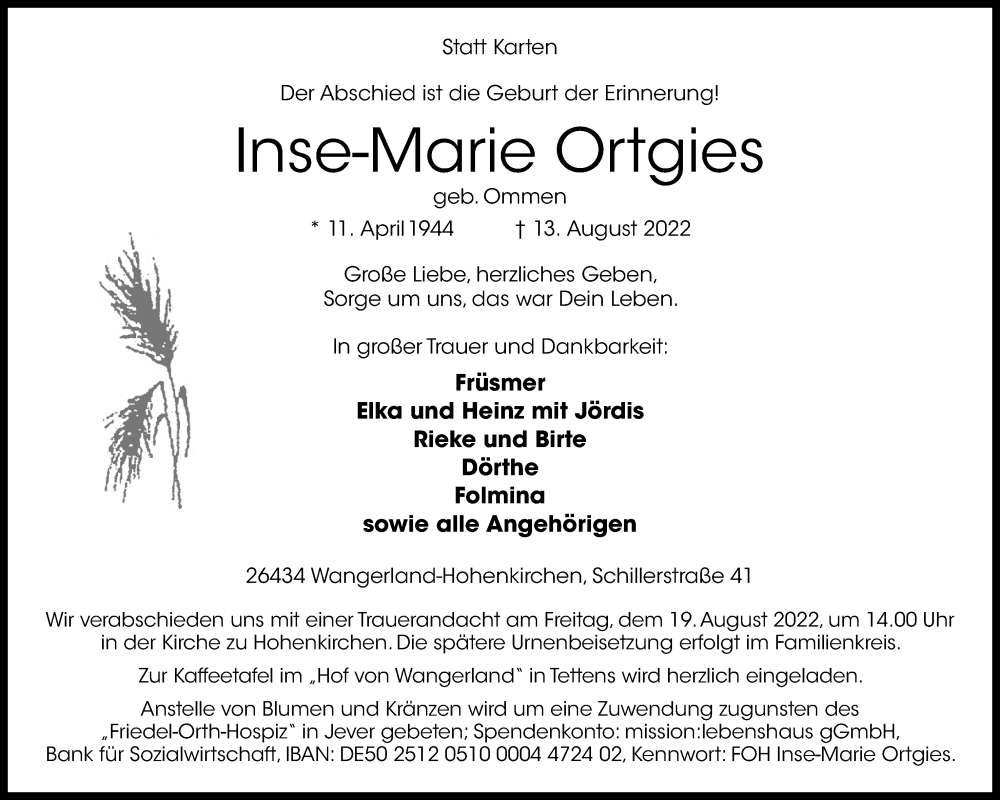  Traueranzeige für Inse-Marie Ortgies vom 16.08.2022 aus Nordwest-Zeitung