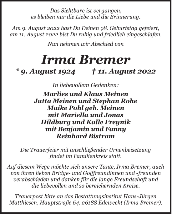 Traueranzeige von Irma Bremer von Nordwest-Zeitung