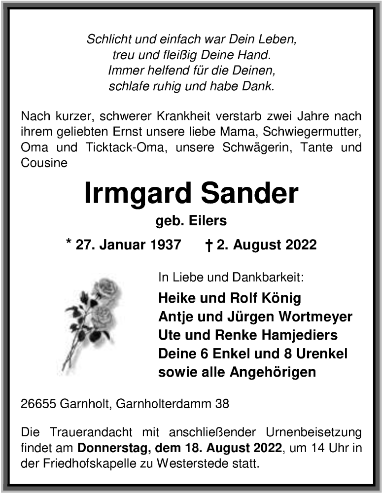  Traueranzeige für Irmgard Sander vom 05.08.2022 aus Nordwest-Zeitung