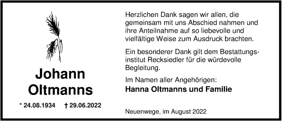 Traueranzeige von Johann Oltmanns von Nordwest-Zeitung
