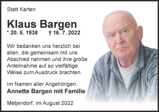 Traueranzeige von Klaus Bargen von Nordwest-Zeitung