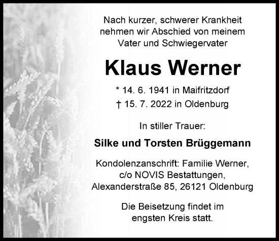 Traueranzeige von Klaus Werner von Nordwest-Zeitung