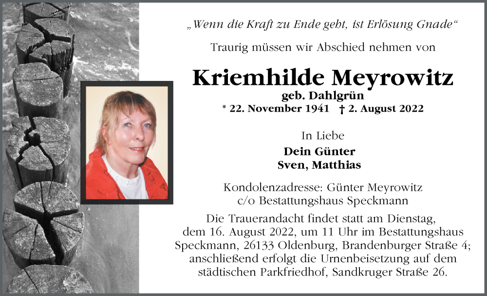  Traueranzeige für Kriemhilde Meyrowitz vom 05.08.2022 aus Nordwest-Zeitung