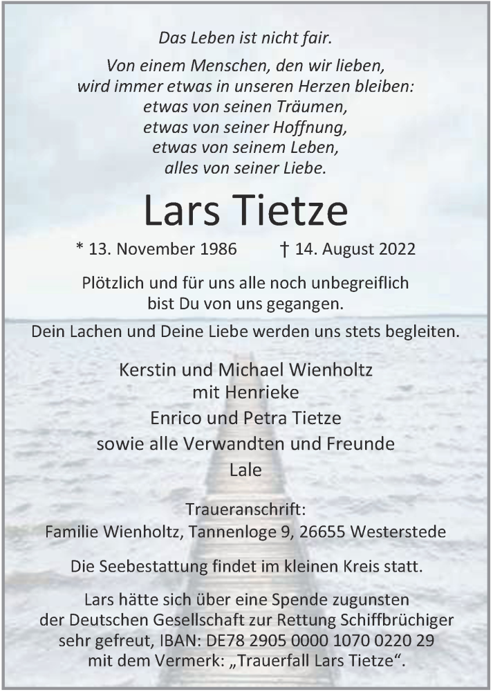  Traueranzeige für Lars Tietze vom 19.08.2022 aus Nordwest-Zeitung