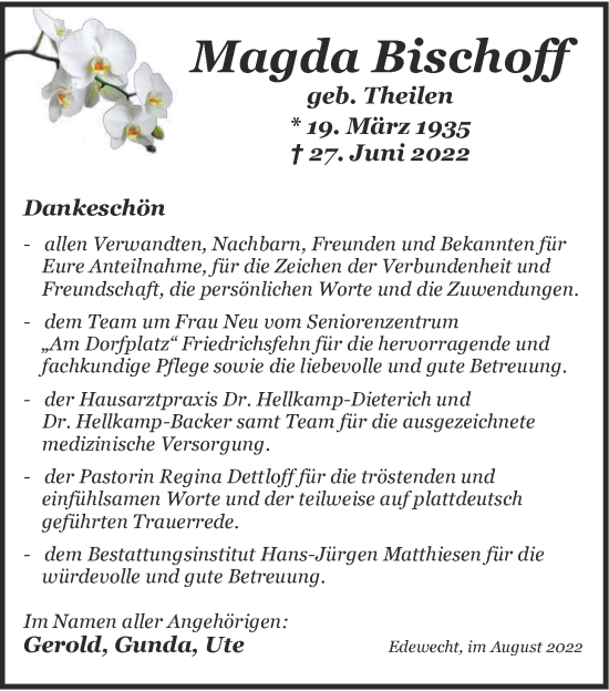 Traueranzeige von Magda Bischoff von Nordwest-Zeitung