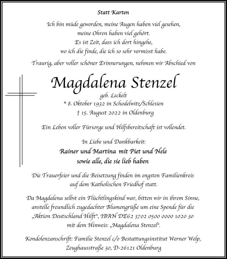  Traueranzeige für Magdalena Stenzel vom 20.08.2022 aus Nordwest-Zeitung