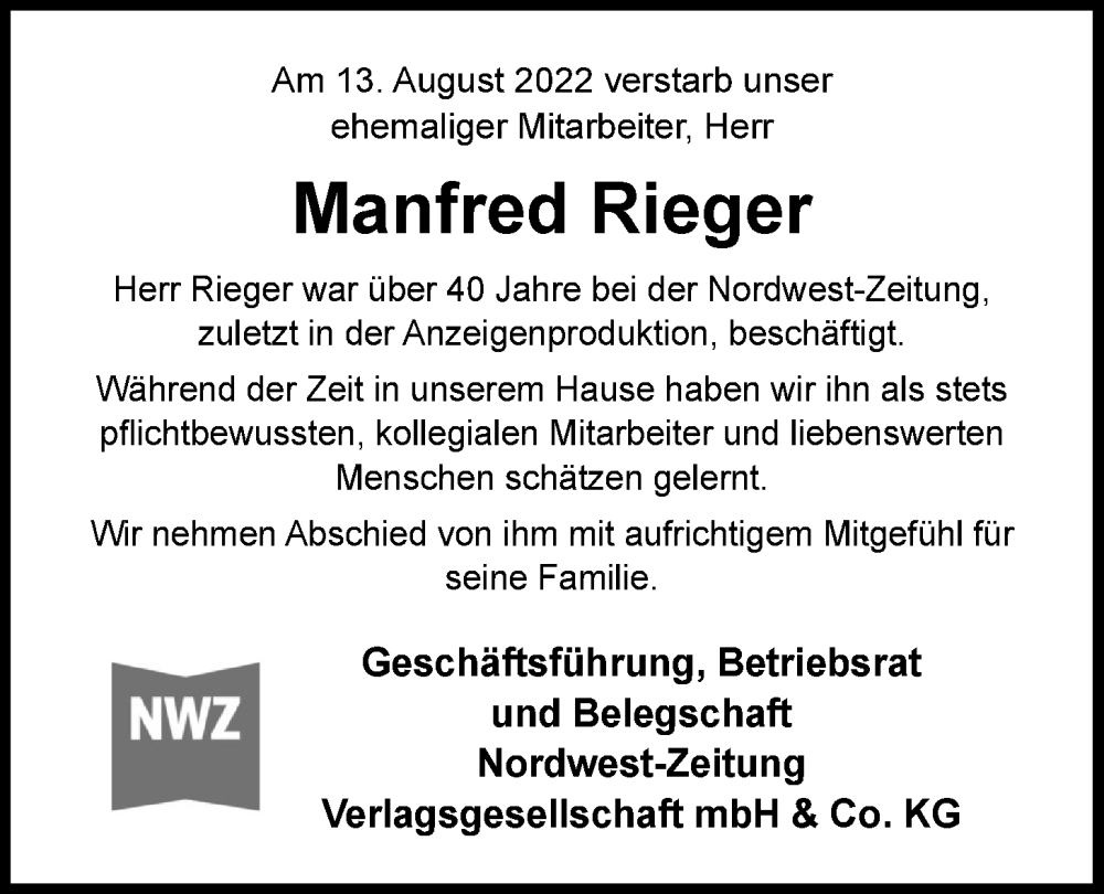  Traueranzeige für Manfred Rieger vom 20.08.2022 aus Nordwest-Zeitung
