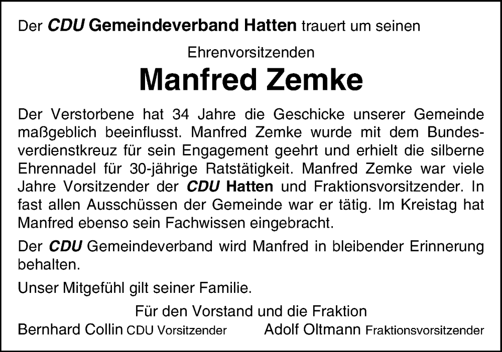  Traueranzeige für Manfred Zemke vom 31.08.2022 aus Nordwest-Zeitung