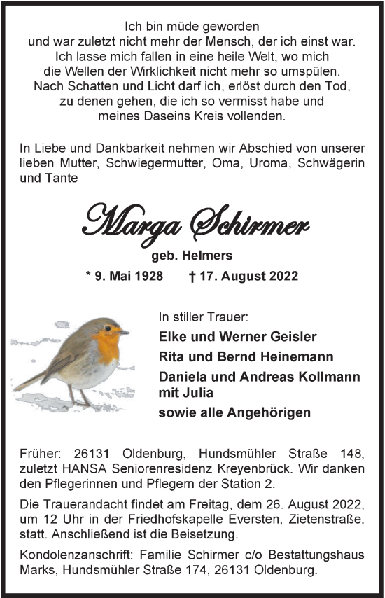 Traueranzeige von Marga Schirmer von Nordwest-Zeitung