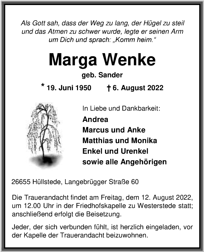  Traueranzeige für Marga Wenke vom 09.08.2022 aus Nordwest-Zeitung