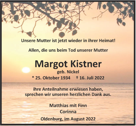 Traueranzeige von Margot Kistner von Nordwest-Zeitung