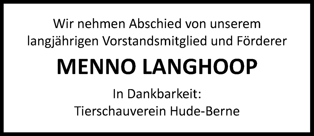  Traueranzeige für Menno Langhoop vom 05.08.2022 aus Nordwest-Zeitung