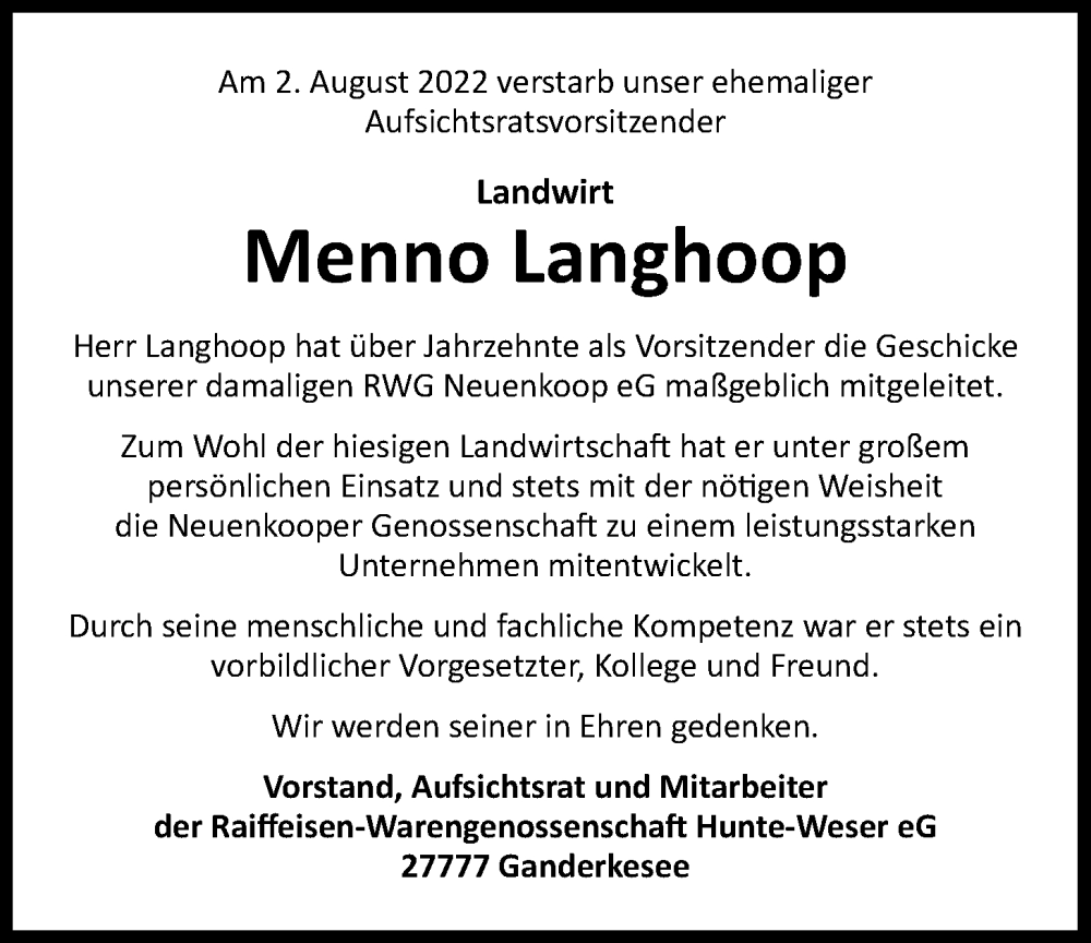  Traueranzeige für Menno Langhoop vom 05.08.2022 aus Nordwest-Zeitung