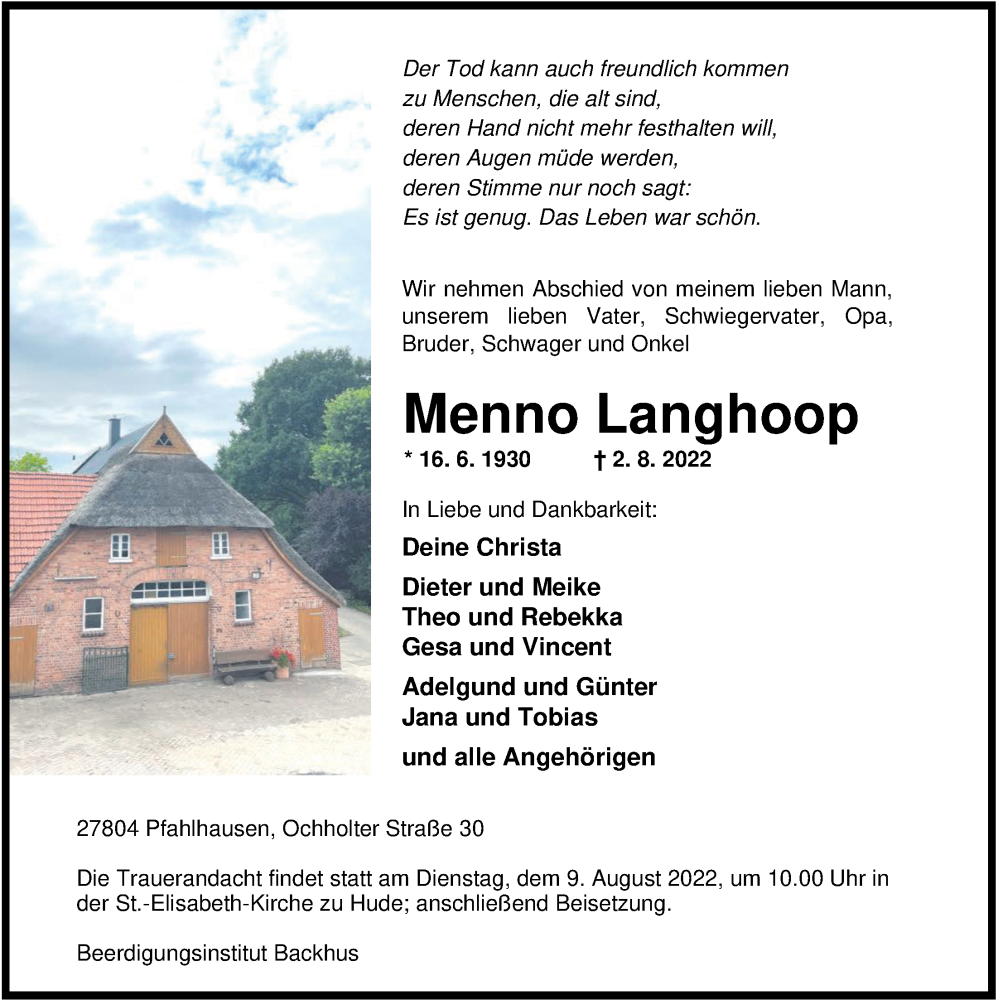  Traueranzeige für Menno Langhoop vom 04.08.2022 aus Nordwest-Zeitung