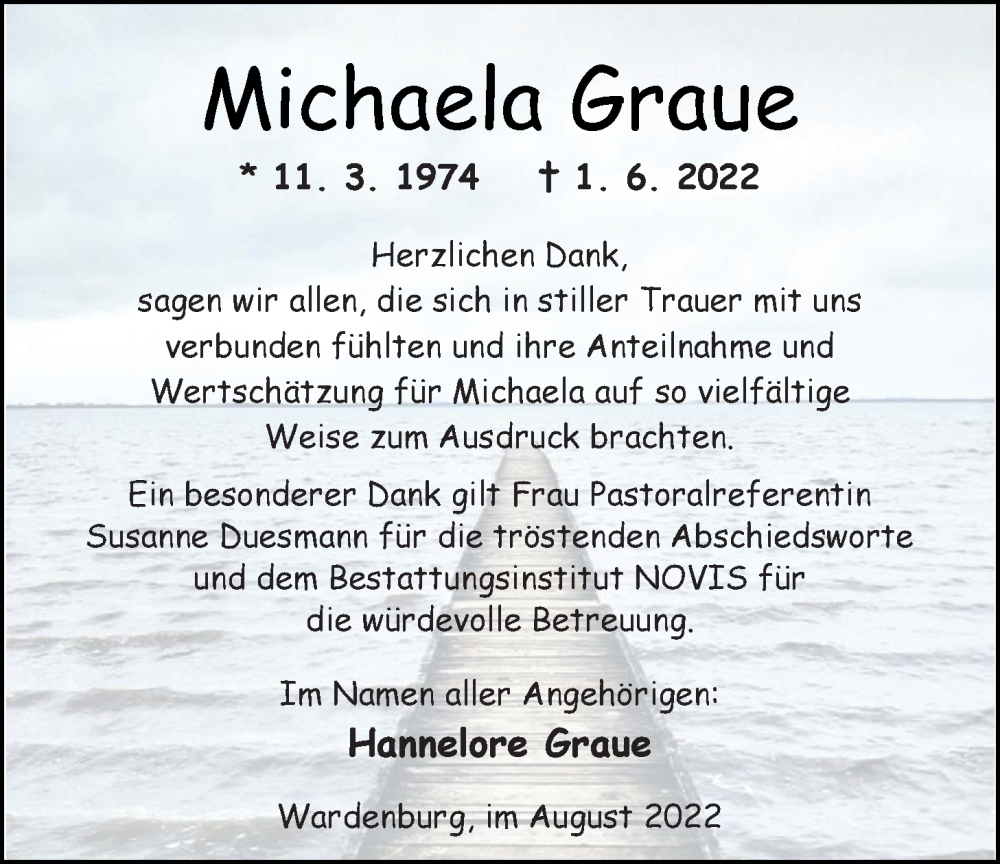  Traueranzeige für Michaela Graue vom 06.08.2022 aus Nordwest-Zeitung