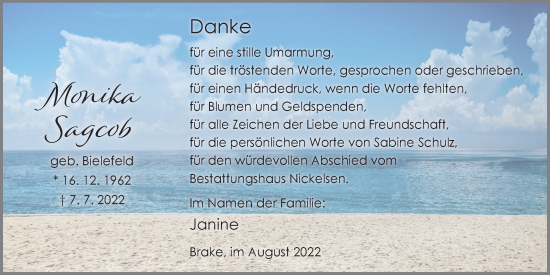Traueranzeige von Monika Sagcob von Nordwest-Zeitung