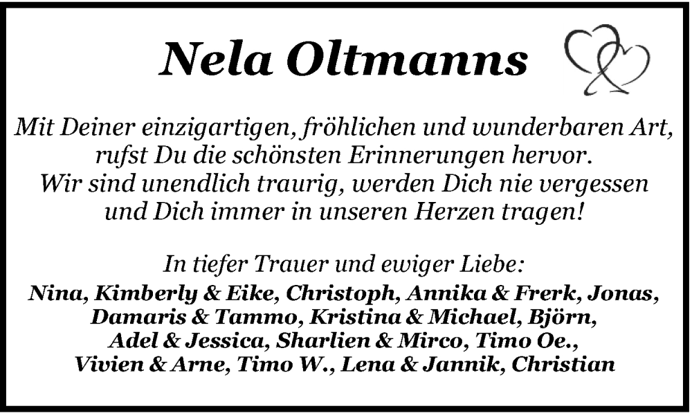  Traueranzeige für Nela Oltmanns vom 06.08.2022 aus Nordwest-Zeitung