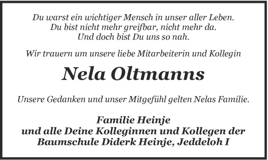 Traueranzeige von Nela Oltmanns von Nordwest-Zeitung