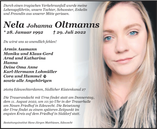 Traueranzeige von Nela Johanna Oltmanns von Nordwest-Zeitung