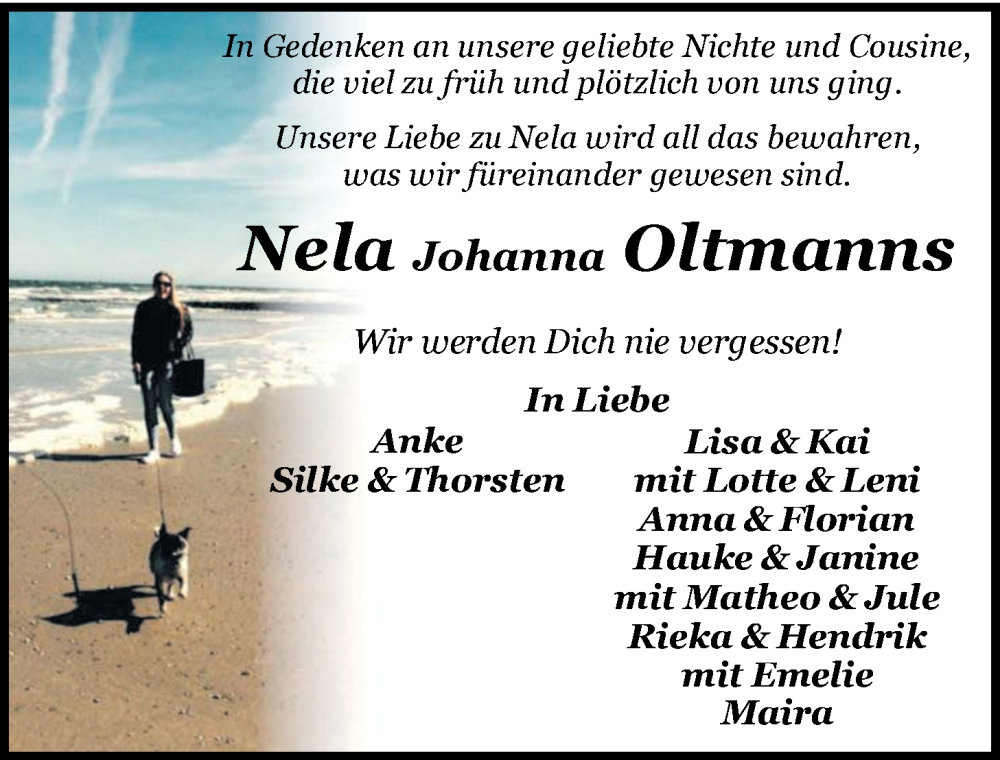  Traueranzeige für Nela Johanna Oltmanns vom 06.08.2022 aus Nordwest-Zeitung