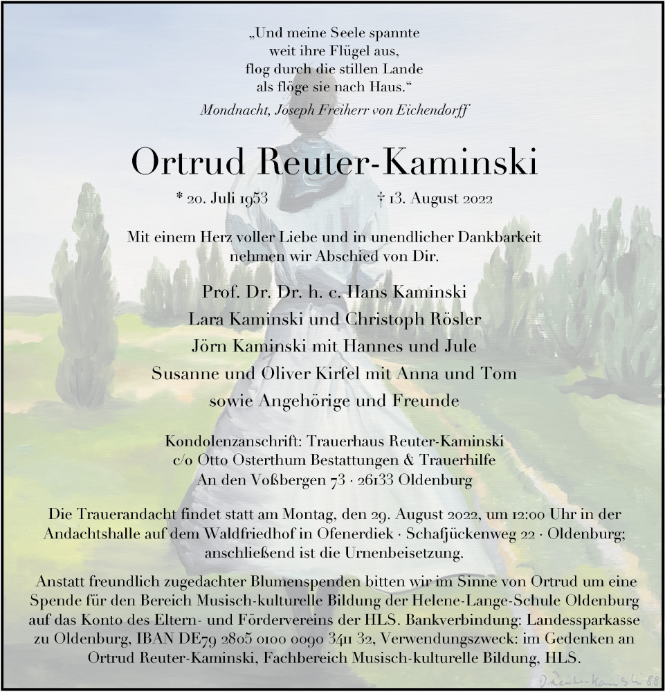  Traueranzeige für Ortrud Reuter-Kaminski vom 20.08.2022 aus Nordwest-Zeitung