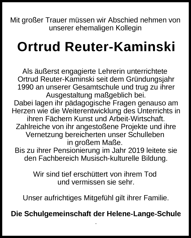  Traueranzeige für Ortrud Reuter-Kaminski vom 20.08.2022 aus Nordwest-Zeitung