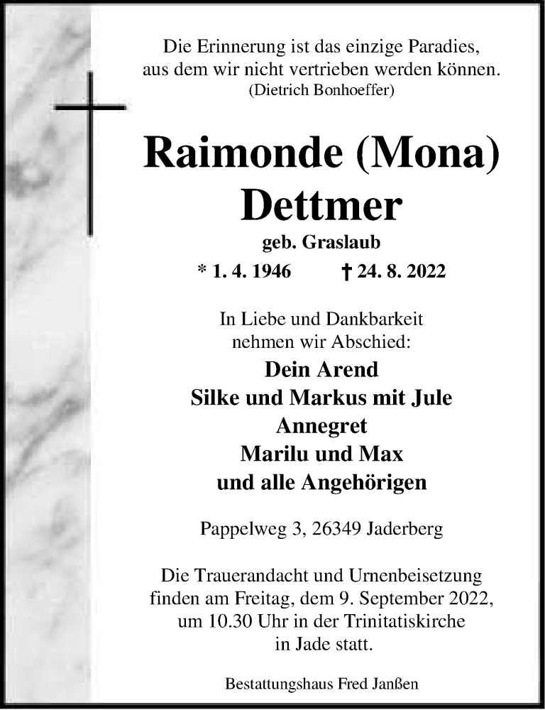  Traueranzeige für Raimonde Dettmer vom 30.08.2022 aus Nordwest-Zeitung