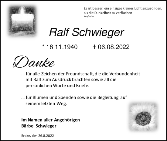 Traueranzeige von Ralf Schwieger von Nordwest-Zeitung