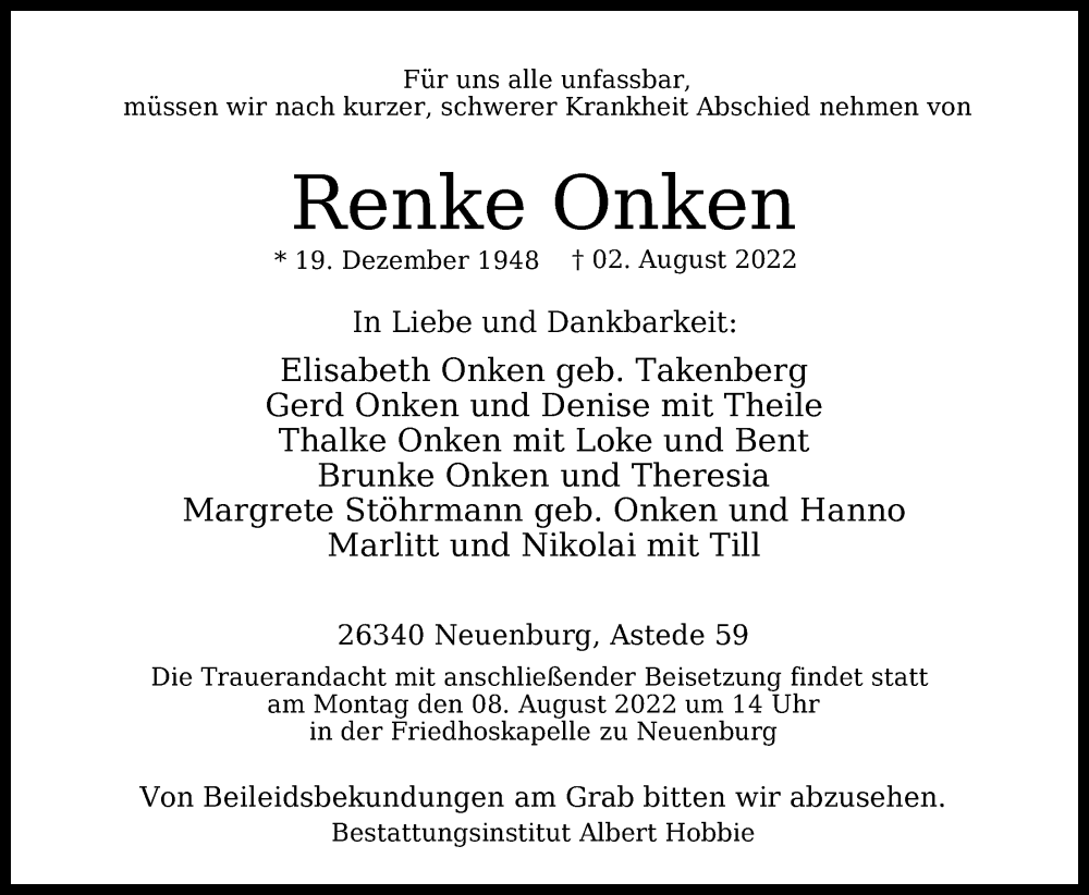  Traueranzeige für Renke Onken vom 05.08.2022 aus Nordwest-Zeitung