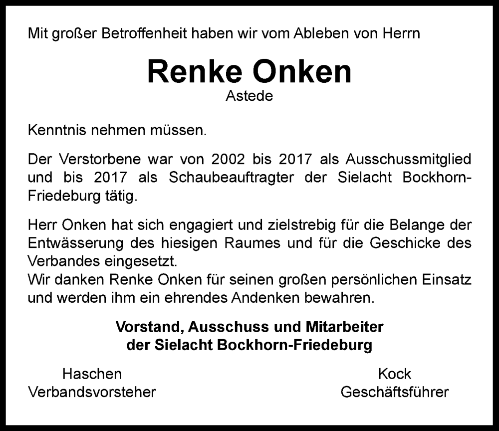  Traueranzeige für Renke Onken vom 08.08.2022 aus Nordwest-Zeitung
