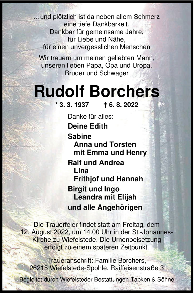  Traueranzeige für Rudolf Borchers vom 10.08.2022 aus Nordwest-Zeitung