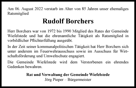 Traueranzeige von Rudolf Borchers von Nordwest-Zeitung