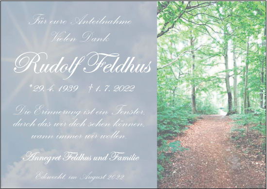 Traueranzeige von Rudolf Feldhus von Nordwest-Zeitung