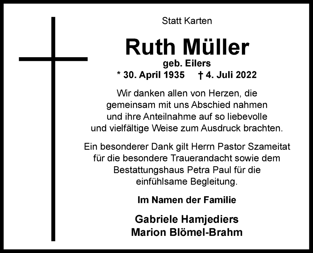  Traueranzeige für Ruth Müller vom 06.08.2022 aus Nordwest-Zeitung