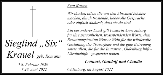 Traueranzeige von Sieglind Krauel von Nordwest-Zeitung