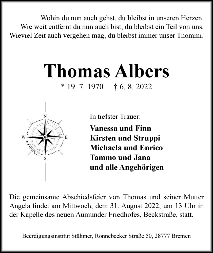  Traueranzeige für Thomas Albers vom 20.08.2022 aus Nordwest-Zeitung