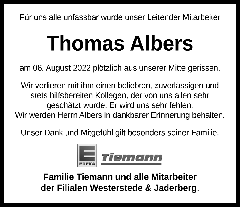  Traueranzeige für Thomas Albers vom 20.08.2022 aus Nordwest-Zeitung