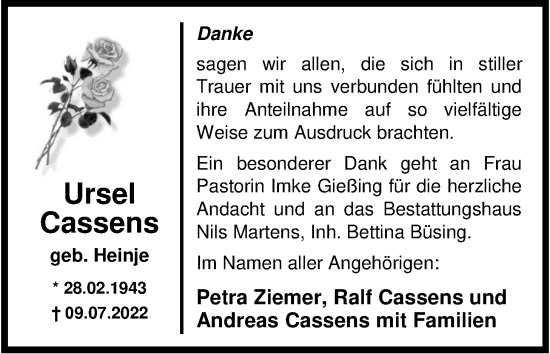 Traueranzeige von Ursel Cassens von Nordwest-Zeitung