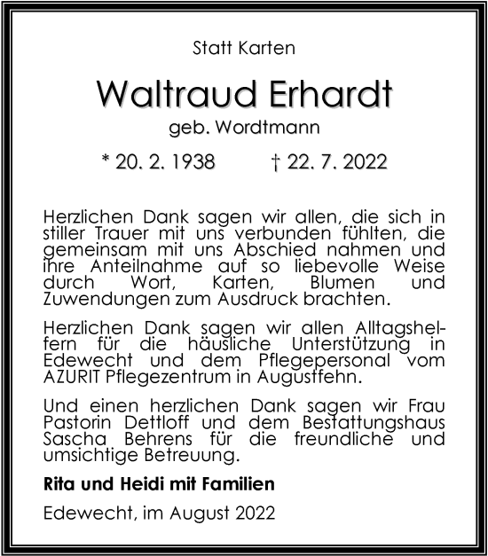 Traueranzeige von Waltraud Erhardt von Nordwest-Zeitung