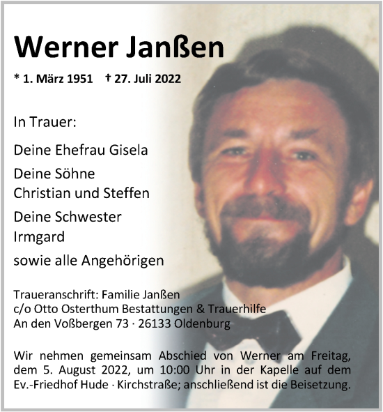 Traueranzeige von Werner Janßen von Nordwest-Zeitung