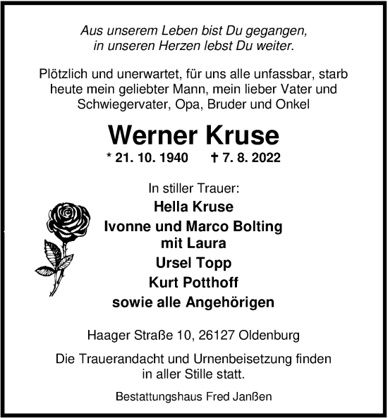 Traueranzeige von Werner Kruse von Nordwest-Zeitung