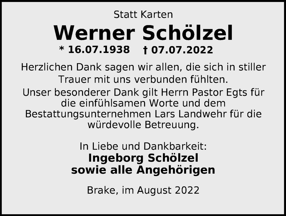  Traueranzeige für Werner Schölzel vom 20.08.2022 aus Nordwest-Zeitung