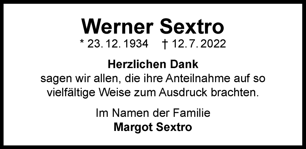  Traueranzeige für Werner Sextro vom 24.08.2022 aus Nordwest-Zeitung