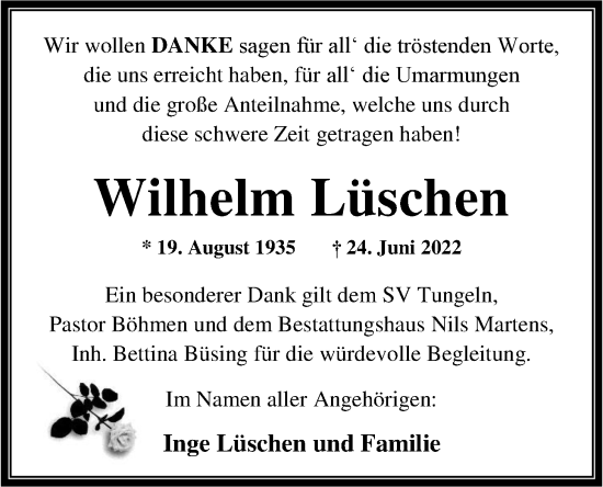Traueranzeige von Wilhelm Lüschen von Nordwest-Zeitung