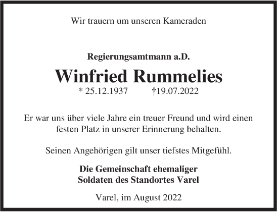Traueranzeige von Winfried Rummelies von Nordwest-Zeitung